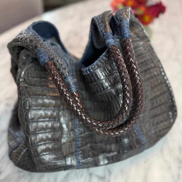 Carlos Falchi Navy Croc Hobo - Picture 1 of 7